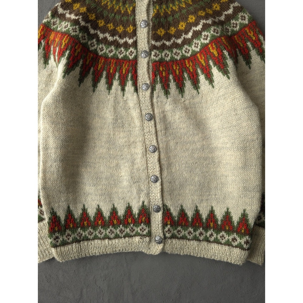 Handknit Cream Wool Cardigan with Multicolor Fair Isle Yoke - Picture 3 of 8